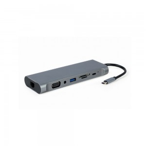 Adaptador USB-C Gembird A-CM-COMBO8-01 8-em-1 p/ HDMI + VGA + DP + USB-C (PD 60W) + 5-Portas USB-A 3.1 + RJ45 + Jack 3.5mm + MicroSD