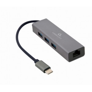 Adaptador USB-C Gembird A-CMU3-LAN-01 p/ 3-Portas USB-A 3.1 + RJ45